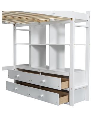 Streamdale Full Size Loft Bed with Desk, Drawers & Shelves, White