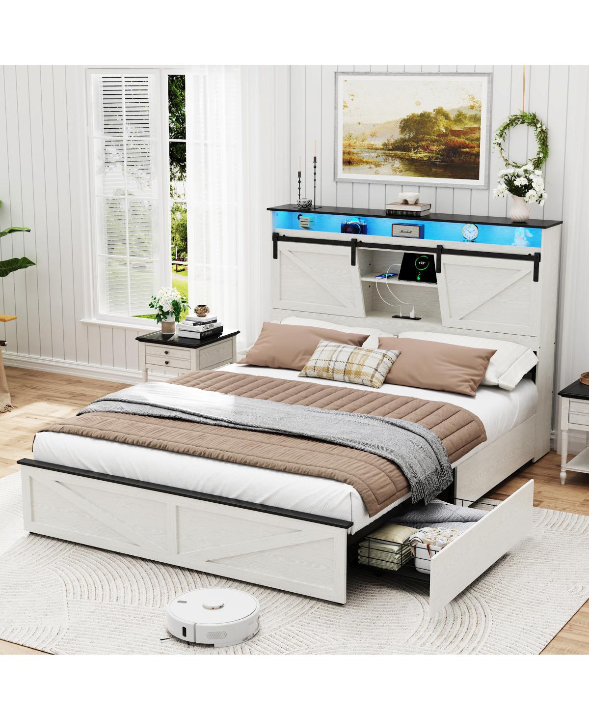 Streamdale Furniture Farmhouse Full Bed Frame w/ Storage Headboard, Drawers, Charging & Led Lights