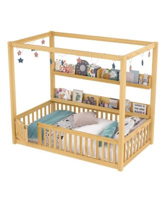 Twin Size Solid Wood Montessori Floor Bed Frame with Guardrails & Shelves