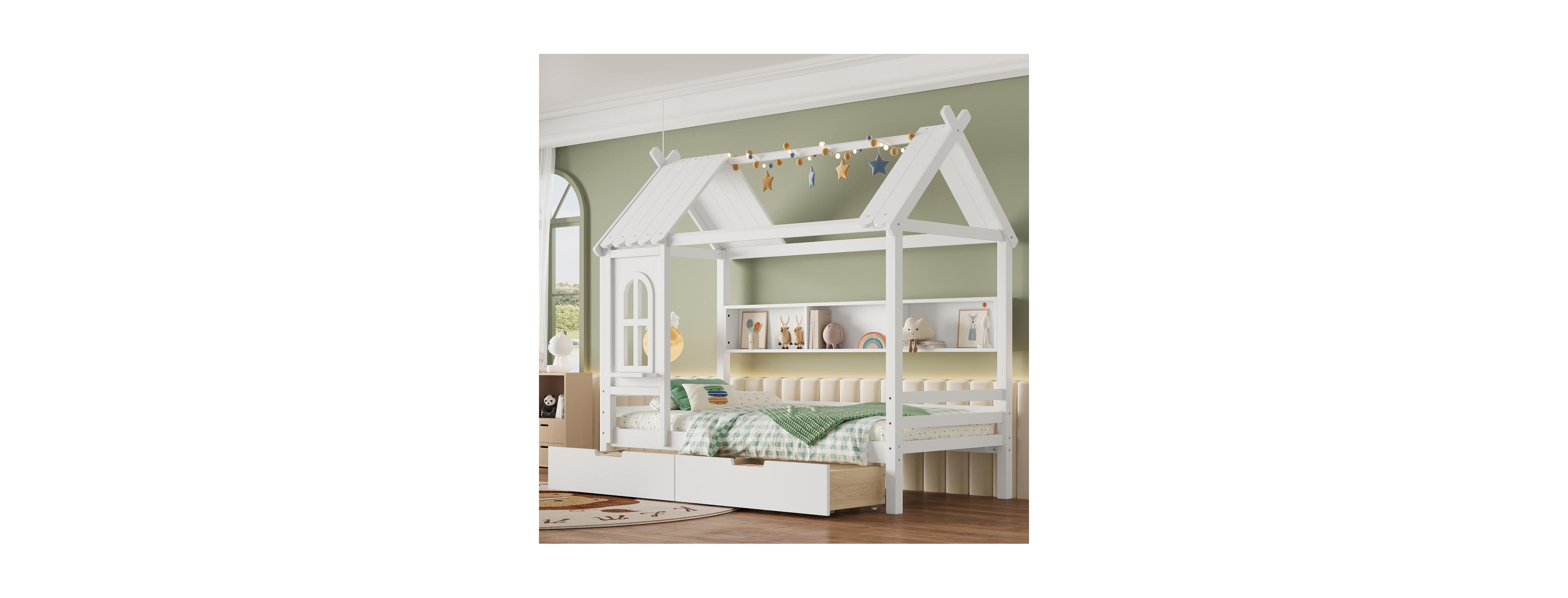 Streamdale Furniture Streamdale Twin House Bed with Storage Drawers and Window, Solid Wood