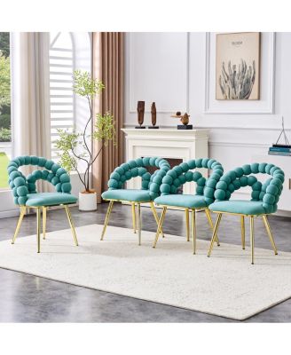 Set of 4 Teal Velvet Puffy Bubble Chairs with Gold Legs