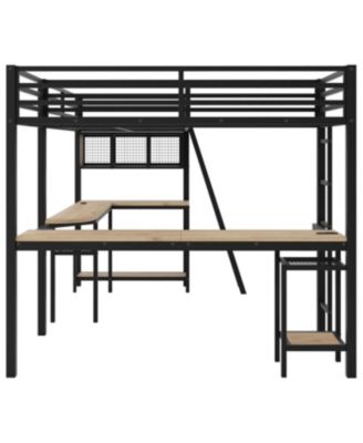 Metal L-Shaped Loft Bed with LED, Storage, 2 Desks & Charging Stations