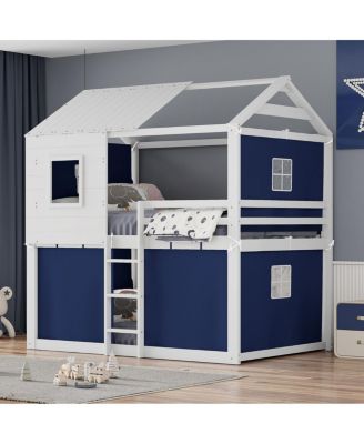 Full Size Bunk Wood House Bed with Tent