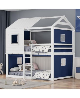 Full Size Bunk Wood House Bed with Tent