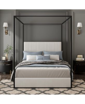  Modern Luxury Metal Canopy Bed with Corduroy Headboard, King, White
