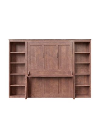 Full Size Murphy Bed with Desk and Bookshelf, Dark Brown