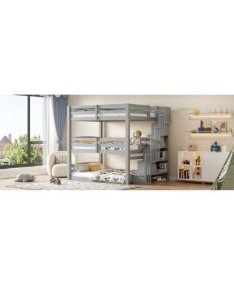 Full Size Triple Bunk Bed with Storage Staircase, Separate Design
