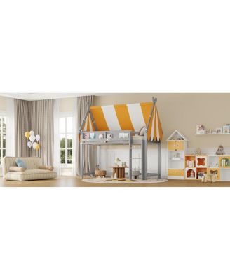 Twin Size Loft Bed with Canopy, LED Lights & Book Shelf