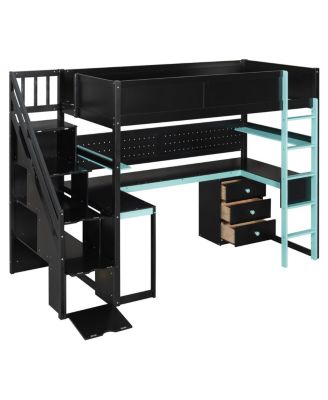 Twin Gaming Loft Bed with Storage Stairs, Desk, Shelves & Pegboard