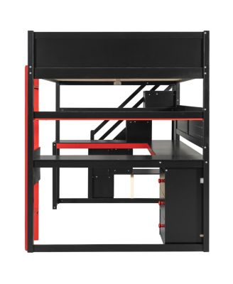 Full Size Wooden Gaming Loft Bed with Storage Stairs, Desk, Shelves & Pegboard