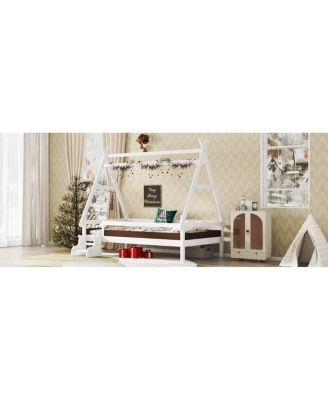  Twin House Platform Bed with Stairs, Solid Wood