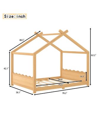 Full House Floor Bed with Support Slats, Solid Wood House Bed Frame for Kids
