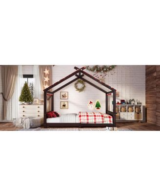  Full House Floor Bed with Support Slats, Solid Wood House Bed Frame for Kids, Espresso