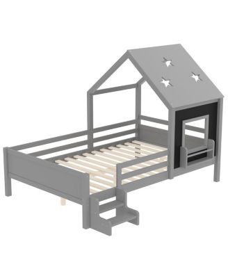 Full House Beds with Low-Profile Stairs, Window, Bookcase, Blackboard, Star Roof, Gray