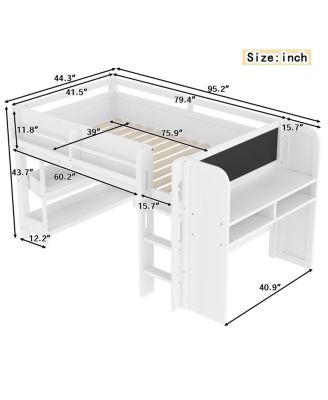 Twin Loft Bed with Storage, Desk & Blackboard, White
