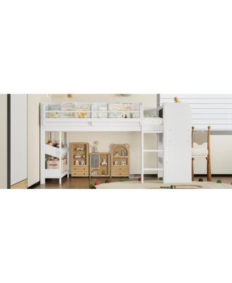 Twin Loft Bed with Storage, Desk & Blackboard, White