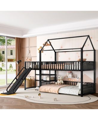 Twin metal House Bunk Bed with Storage Stairs, Slide, Safety Rails