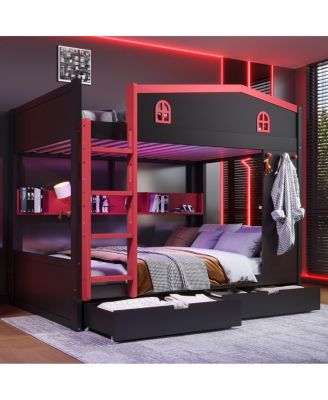 Queen Bunk Bed with Storage, Solid Wood