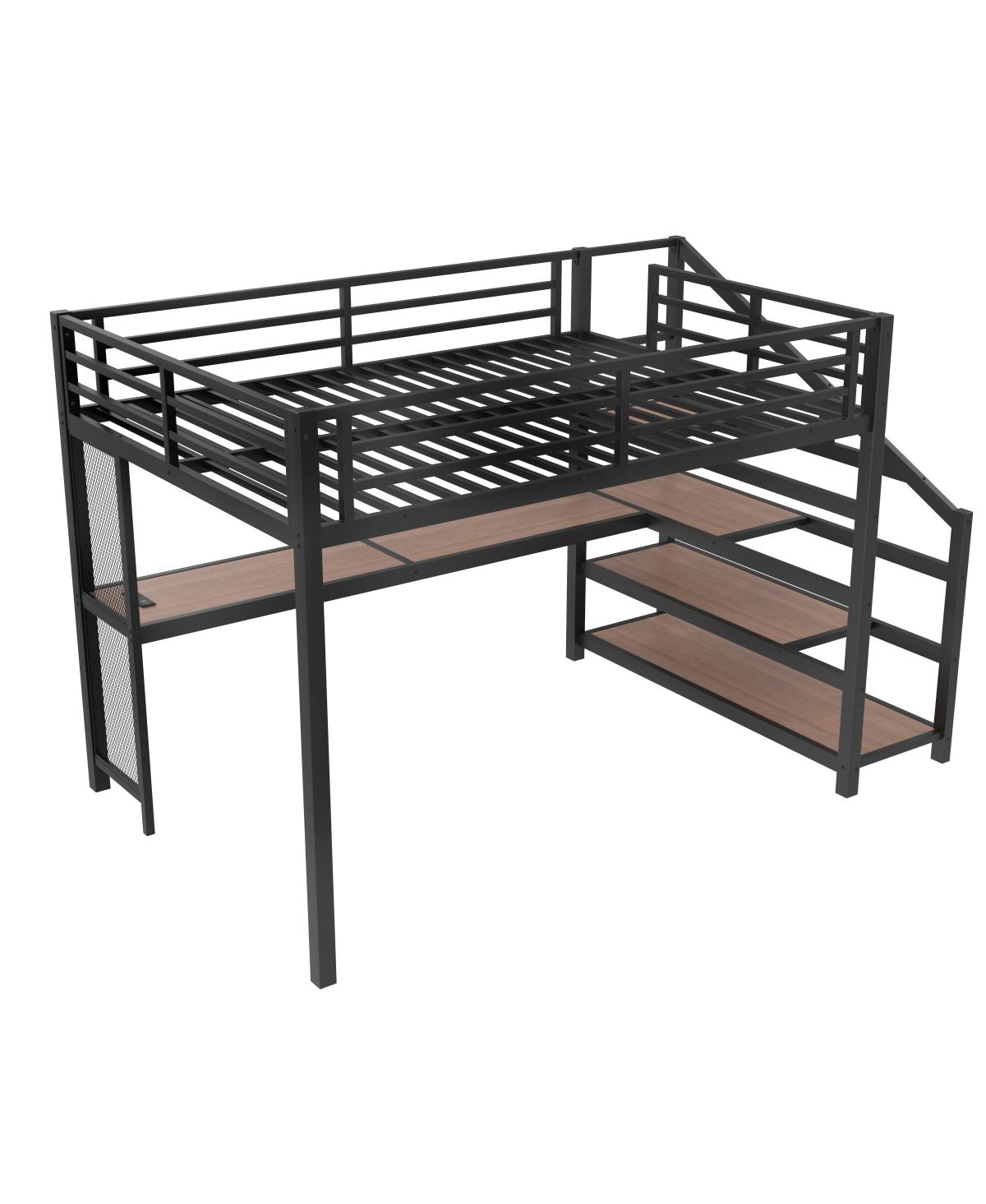 Streamdale Queen Loft Bed with Desk and Storage Stairs, Metal Loft Bed with Led Lights & Usb Ports, Black
