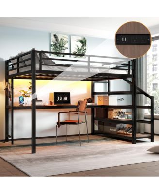 Streamdale Queen Loft Bed with Desk and Storage Stairs, Metal Loft Bed with LED Lights & USB Ports, Black