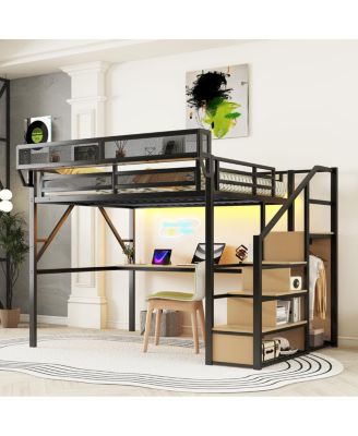 Streamdale Queen Loft Bed with Desk, Stairs, Charging Station & Light, Black