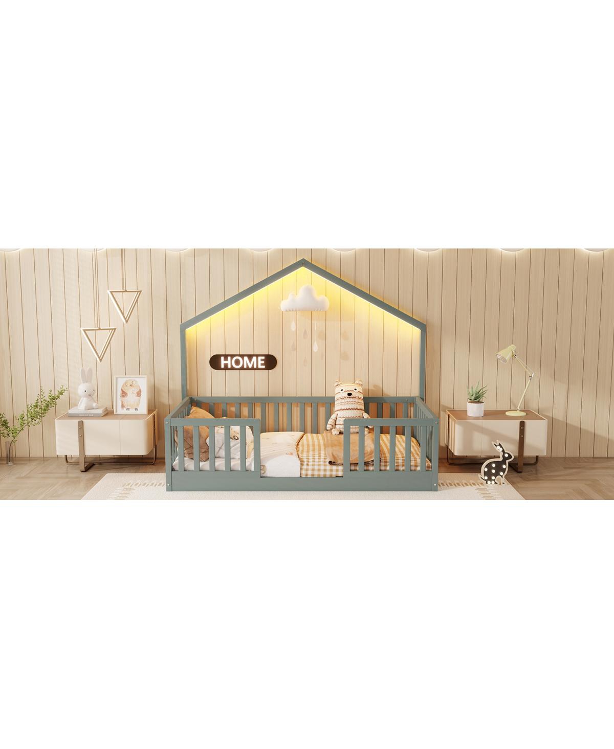 Streamdale Furniture Twin Floor Bed with High Rails, Montessori Wooden Bed with Light, Gray