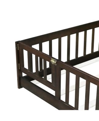  Full Size Floor Bed with Fence, Door, and Safety Guardrails