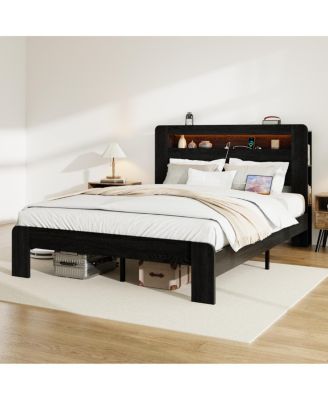  Wood Platform Bed Frame with Storage, LED Headboard, USB, No Box Spring