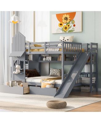  Full-Over-Full Castle Style Bunk Bed with 2 Drawers 3 Shelves and Slide - Gray