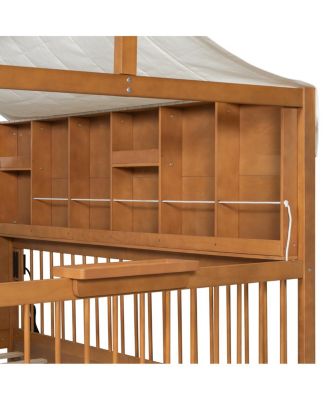 Streamdale Full Size House Bed with 2 Large Drawers, Side Bookshelf with LED Strip, Walnut