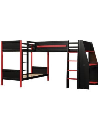  L-Shaped Gaming Loft Bunk Bed with Desk, Shelves & LED