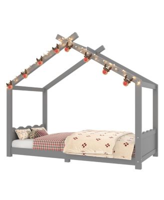 Twin House Floor Bed with Slats, Solid Wood House Bed Frame for Kids, Gray