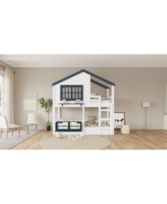Twin Bunk/Loft Bed with Bookshelf, House Design, Safety Fencing, White & Blue
