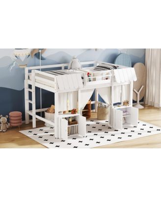  Full Loft Bed with Bookshelf, Curtain, Storage Shelf, Playful Design, White