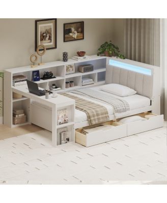 Twin L-shaped Wooden Daybed with Desk & Storage Bookcase, White