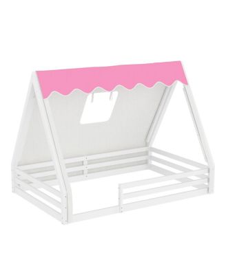 Full Size House Floor Bed with Tent and Light, Solid Wood Teepee Design