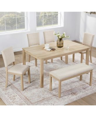 6 Piece Dining Table Set with Bench, Wooden Kitchen Table & 4 Upholstered Chairs