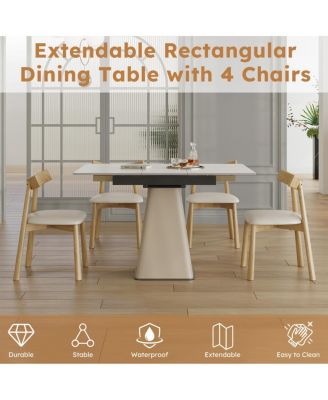 Retractable Rock Slab Dining Table Set, 5-Piece Expandable Table with 4 Chairs