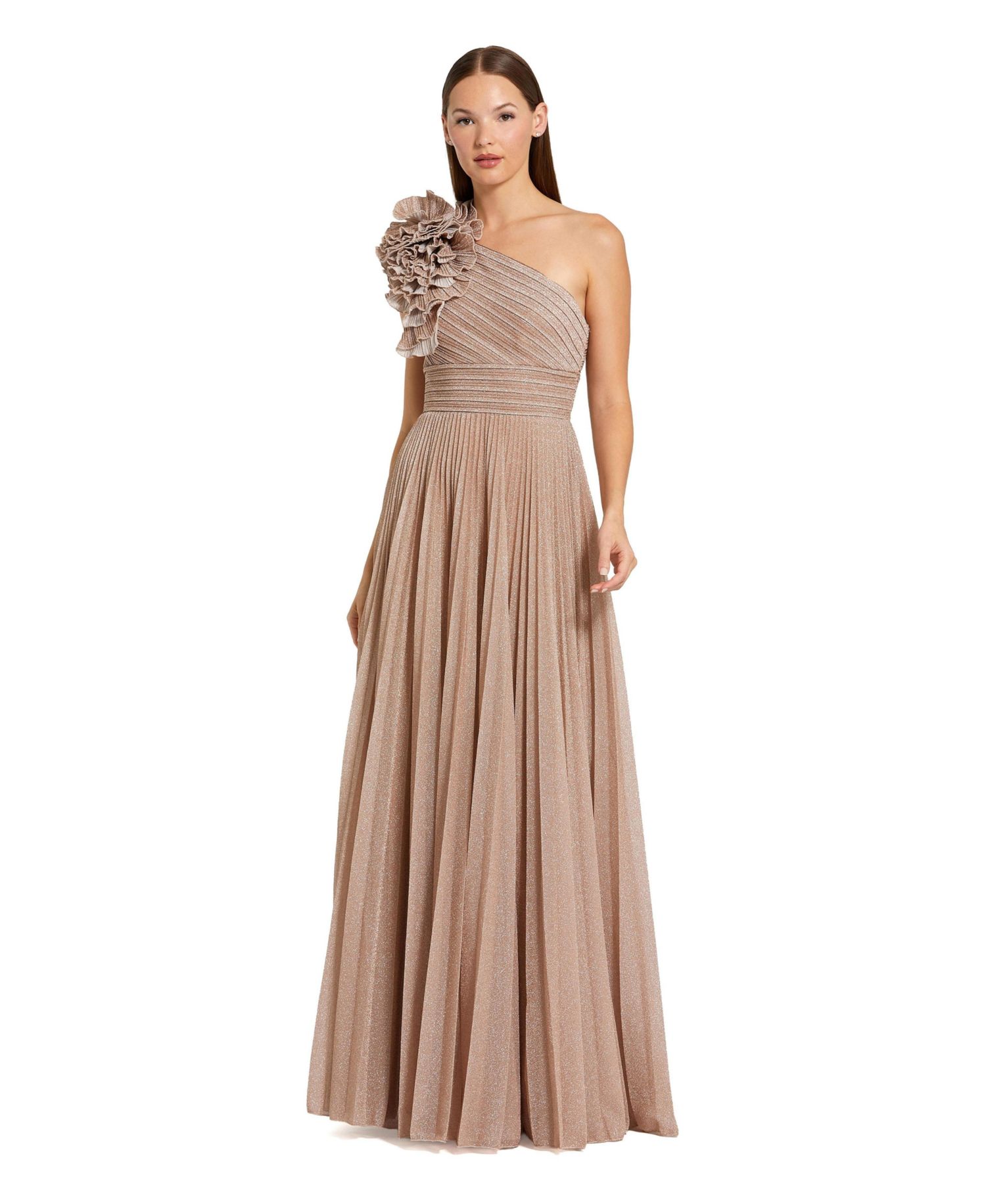Petite Pleated Metallic One Shoulder Gown With Ruffle