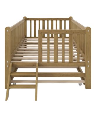 Wood Twin Size Platform Bed with Guardrail and Trundle