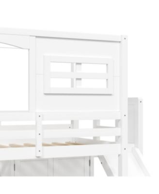 Wood Twin Size Loft Bed with Wardrobe, Storage Shelves, Slide and LED