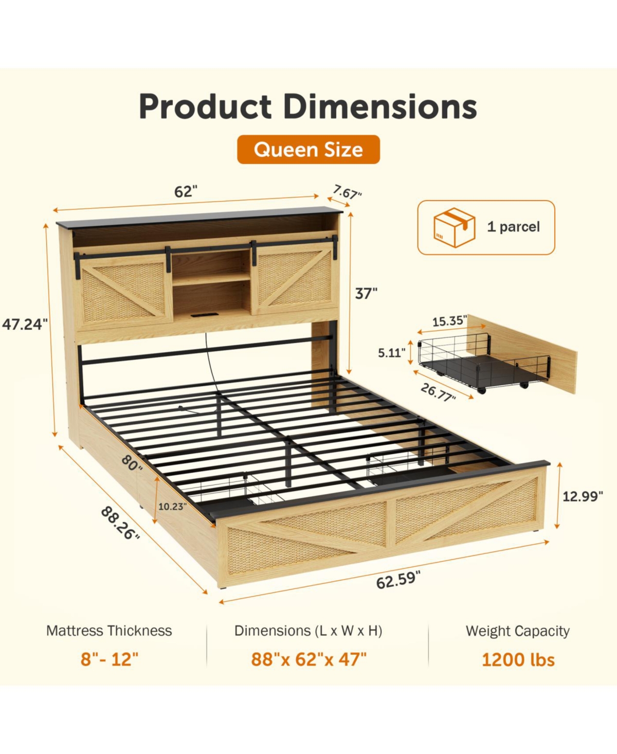 Streamdale Furniture Farmhouse Queen Storage Bed Frame with Headboard, Drawers, Charging & Led