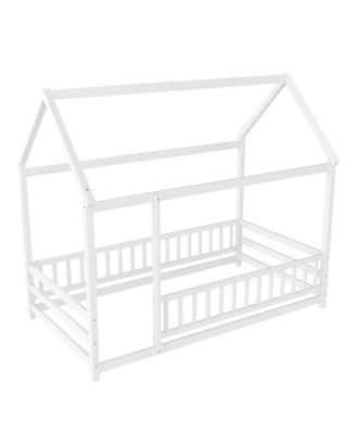 Twin Size Floor Wooden Bed with House Roof Frame, Fence Guardrails