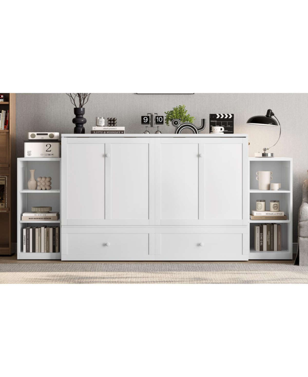 Streamdale Furniture Queen size Murphy bed with storage drawers and shelves. White