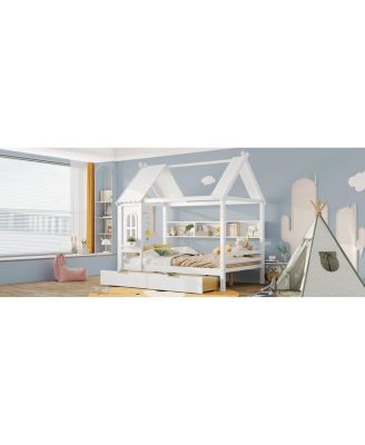 Full House Beds with Storage Drawers and Window, Solid Wood House Platform Bed Frame, White