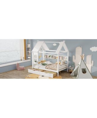 Full House Beds with Storage Drawers and Window, Solid Wood House Platform Bed Frame, White