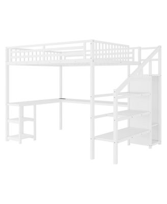 Metal Queen Loft Bed with Wardrobe, LED Light & L-Shaped Desk