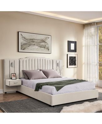 Queen Size Velvet Upholstered Bed Frame with Vertical Stripes