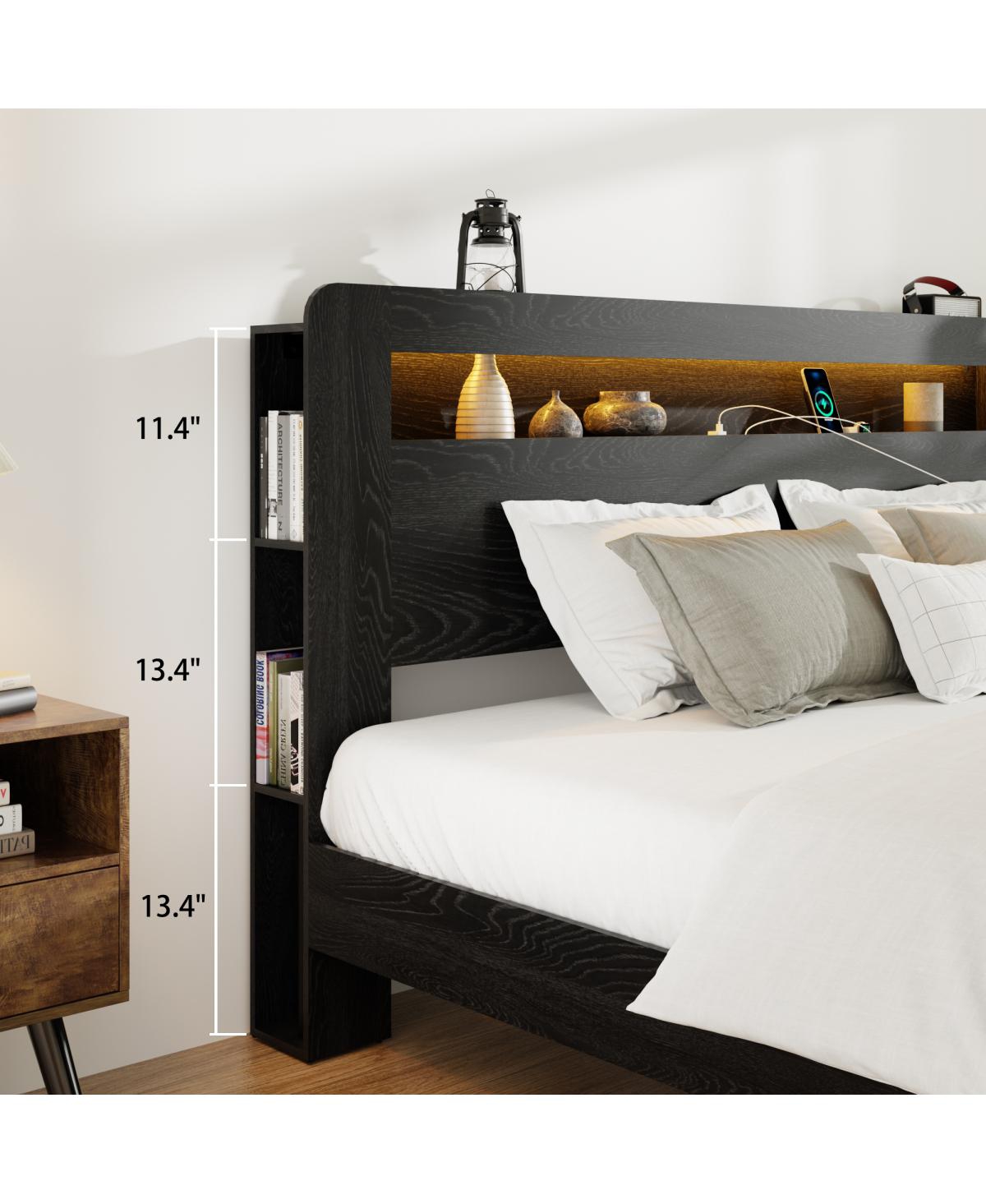 Streamdale Furniture Wood King Bed Frame with Storage, Led Headboard, Usb