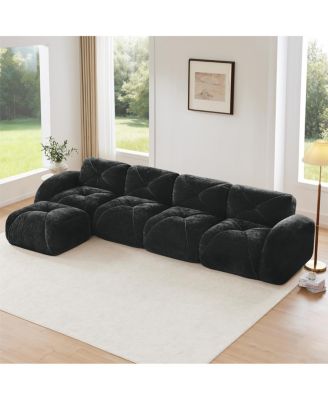  L-shaped Velvet Tufted Sofa with Movable Ottoman